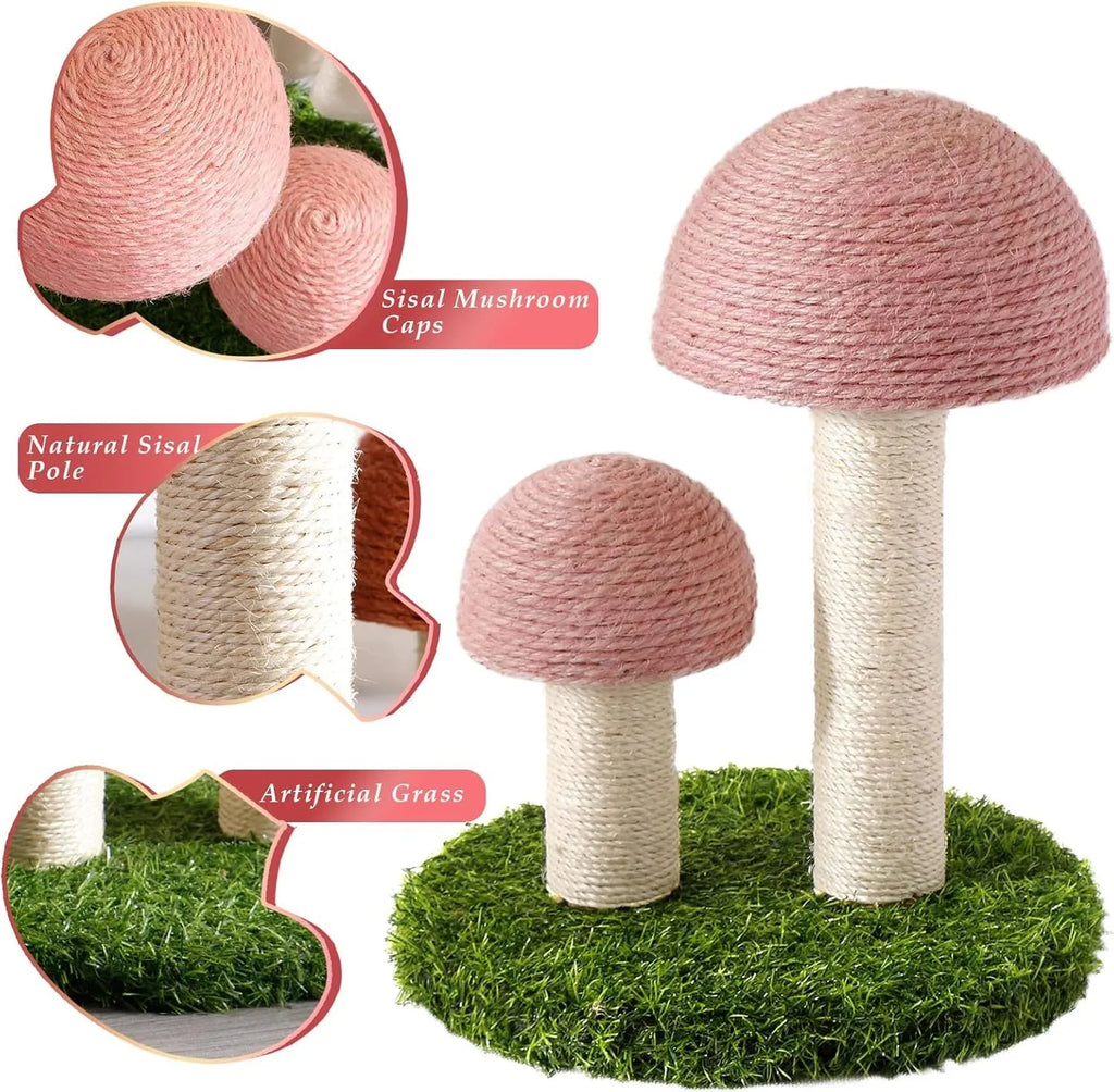 Pink mushroom-shaped cat scratching post with natural sisal caps and pole for kittens and small cats
