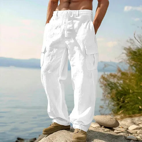 Men's loose cotton wide-leg casual trousers in solid colours showing mid-waist and relaxed fit