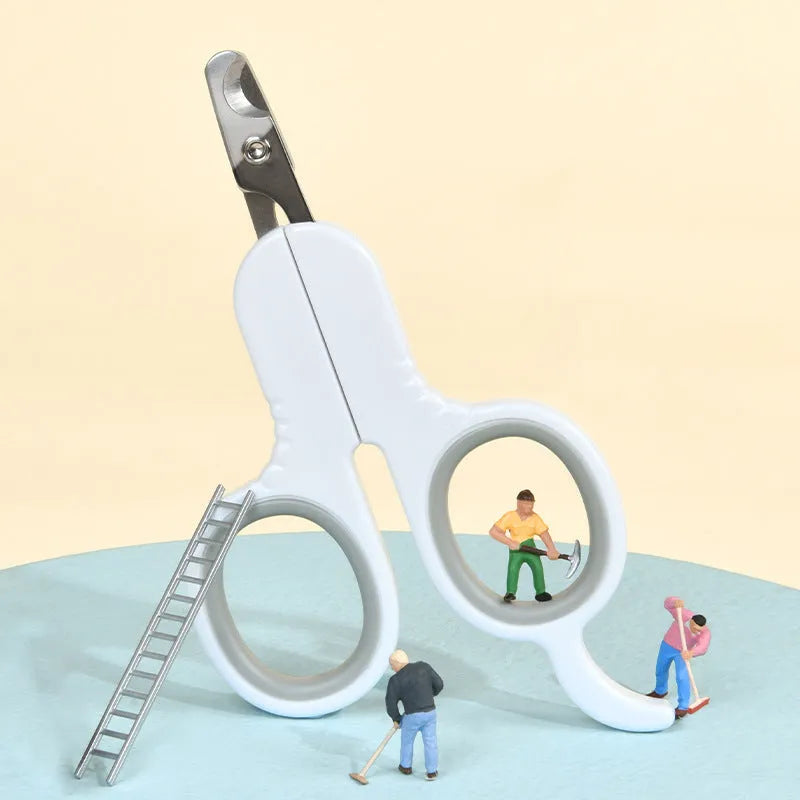 Grey and pink pet nail clippers with curved tips and a rubber-coated anti-slip handle on a white background.