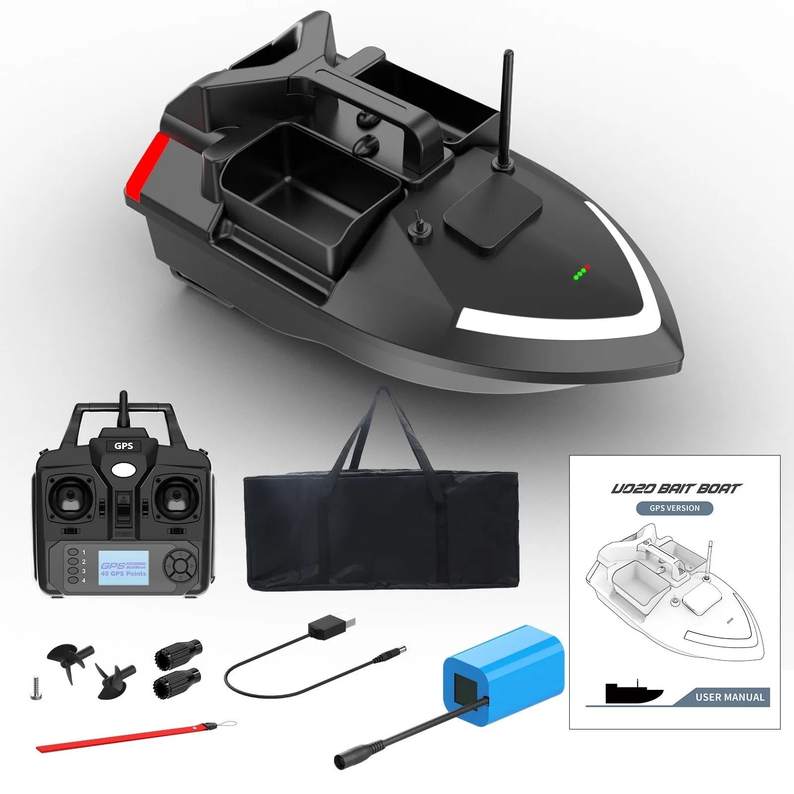 V020 GPS remote control fishing boat in luminous yellow on water, showing remote control unit and carry bag.