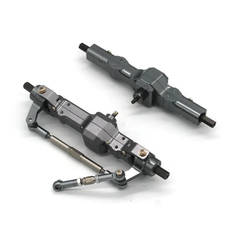 Military RC car metal alloy accessories including front bar, axles, motor box and black tyres
