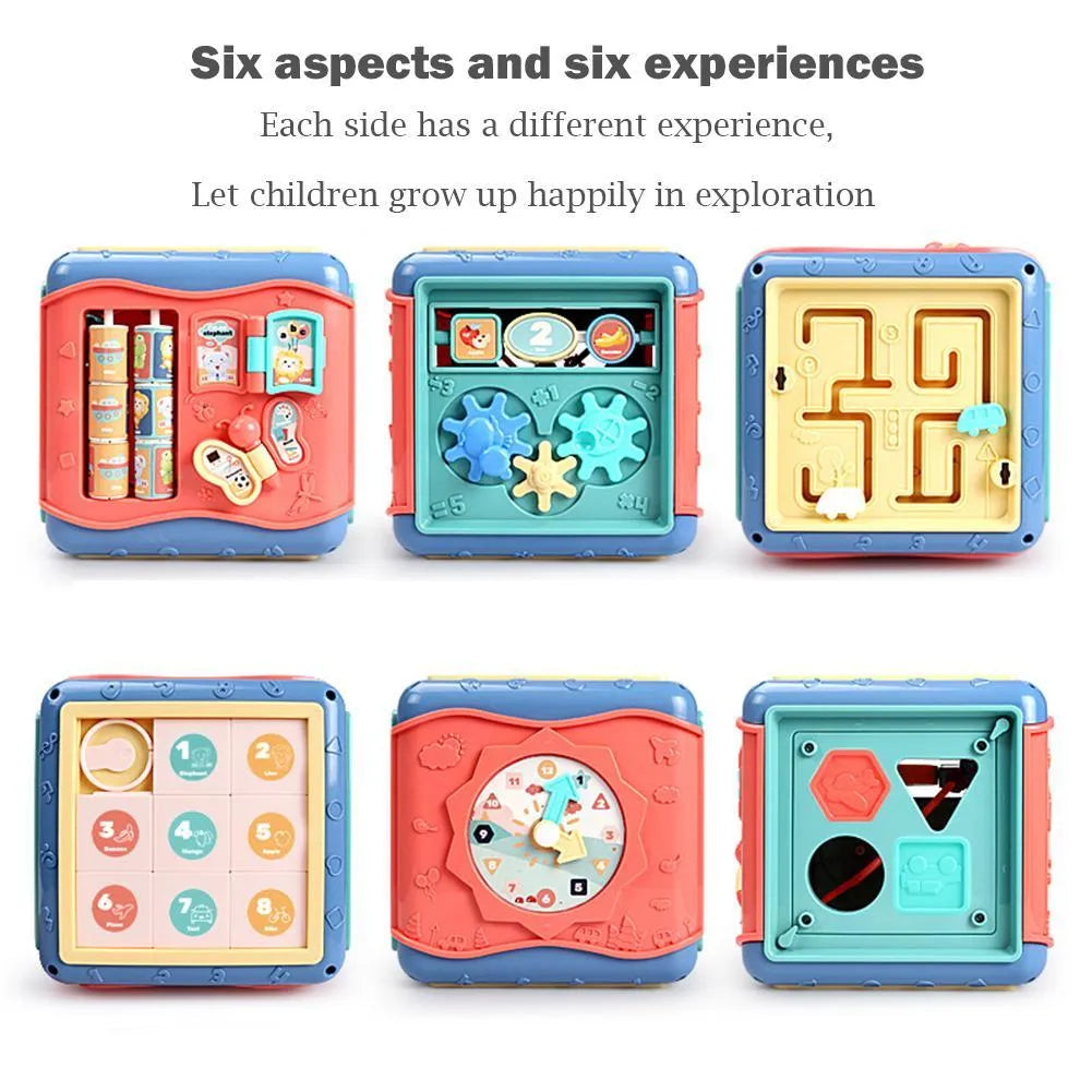 Colourful hexahedron educational toy showing bead maze, gear connections, and clock learning activities