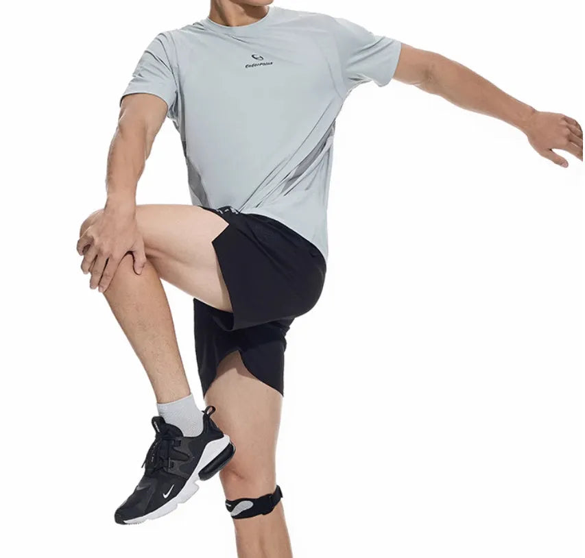 Black and blue four-point stretch running shorts with laser stitching detail for training.