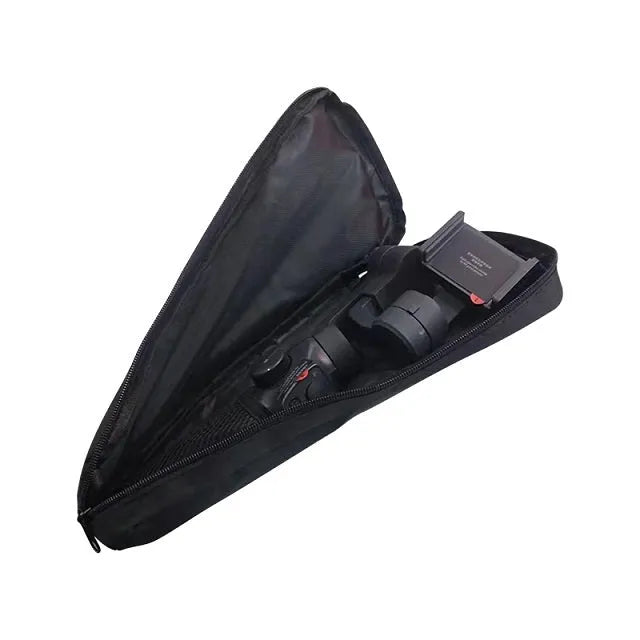 Black cloth storage bag with zip open, showing padded interior for a mobile phone gimbal.