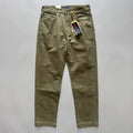 Men's straight-leg cotton casual trousers in grey, army green, and khaki colours on a mid waist fit model