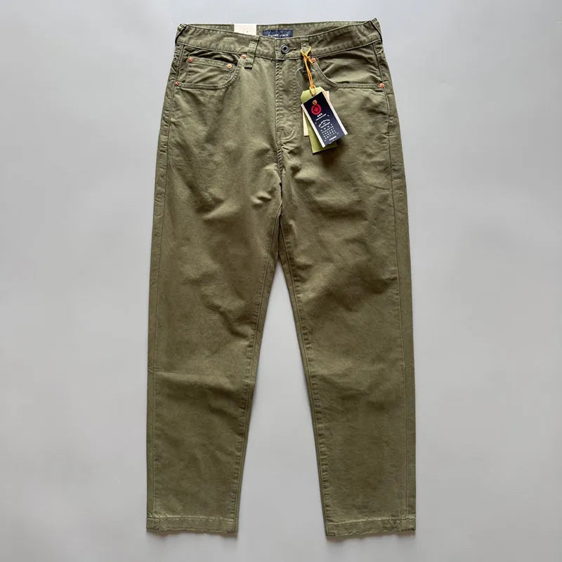 Men's straight-leg cotton casual trousers in grey, army green, and khaki colours on a mid waist fit model