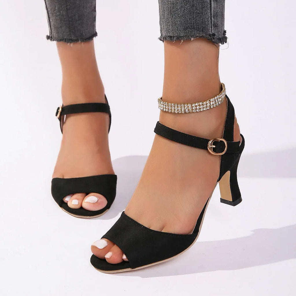 Women's high heel sandals with single buckle in suede and composite material, black upgraded version, sizes 35-43