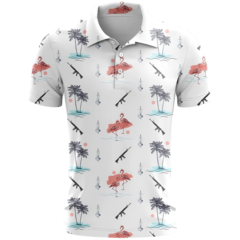 Man's loose-fit 3D printed short sleeve T-shirt in bird eye cloth polyester, showing colour and pattern detail.