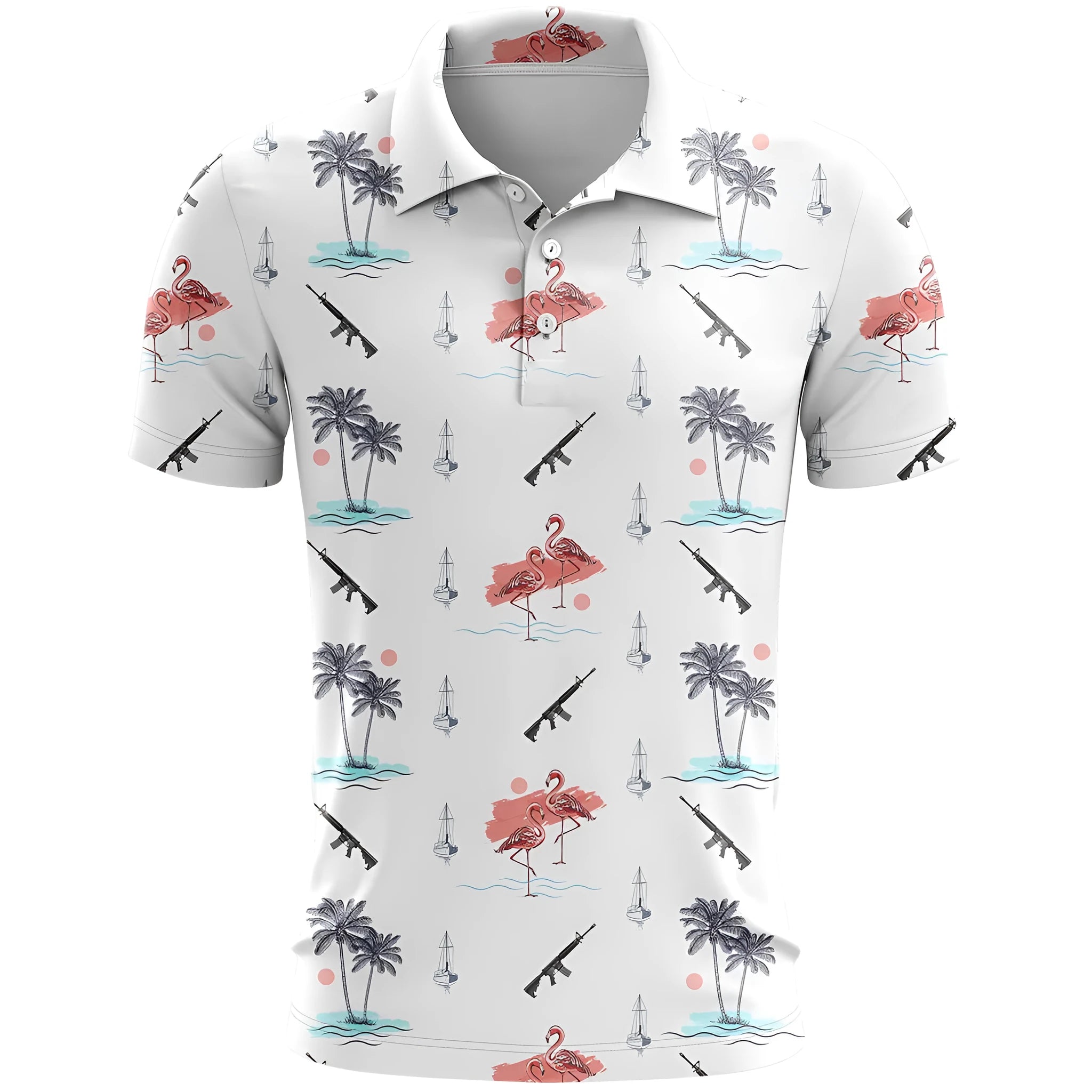 Man's loose-fit 3D printed short sleeve T-shirt in bird eye cloth polyester, showing colour and pattern detail.