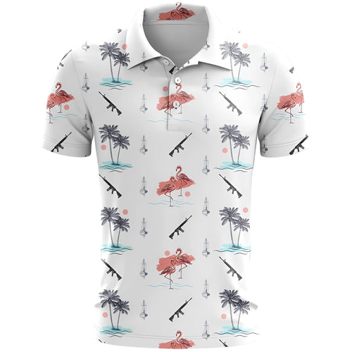 Man's loose-fit 3D printed short sleeve T-shirt in bird eye cloth polyester, showing colour and pattern detail.