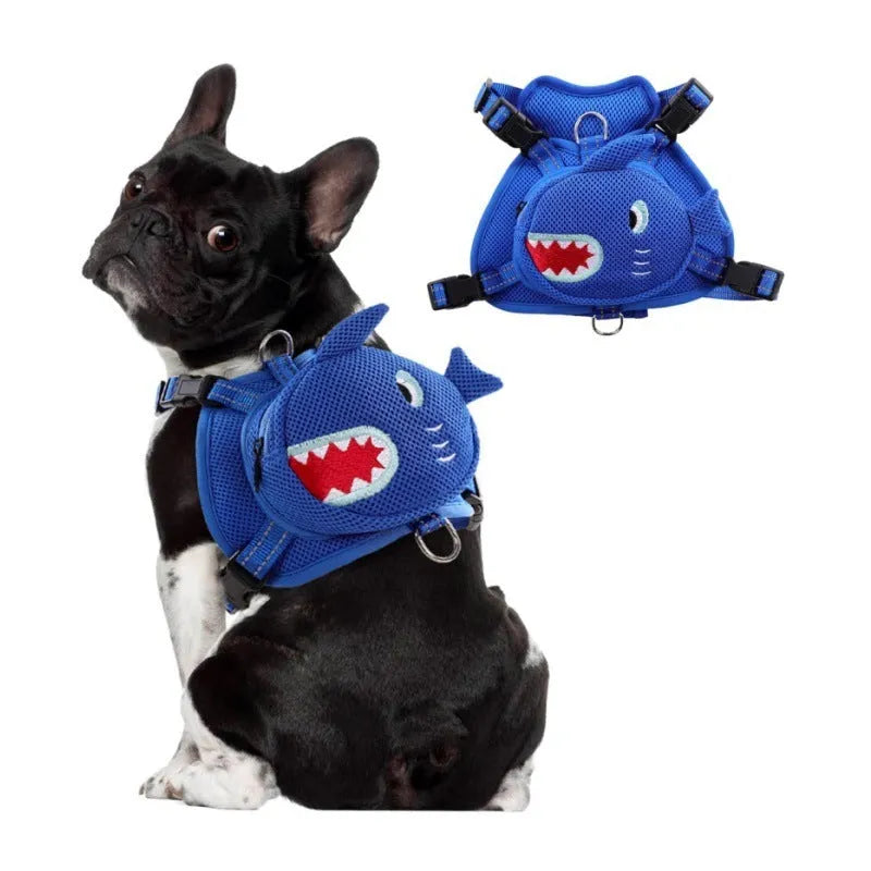 Adjustable polyester pet dog breast strap backpack with cartoon animal pattern, blue option, 10x10x3cm size