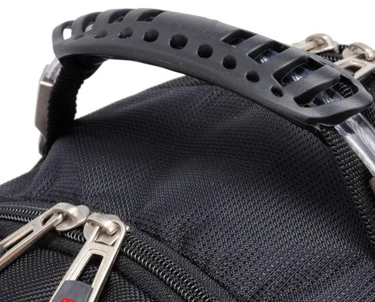 Black business computer backpack showing three compartments and laptop storage