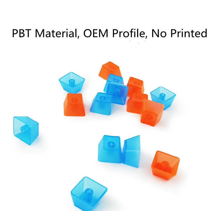 Set of 104 transparent mechanical keyboard keycaps in orange, white, blue and black colours