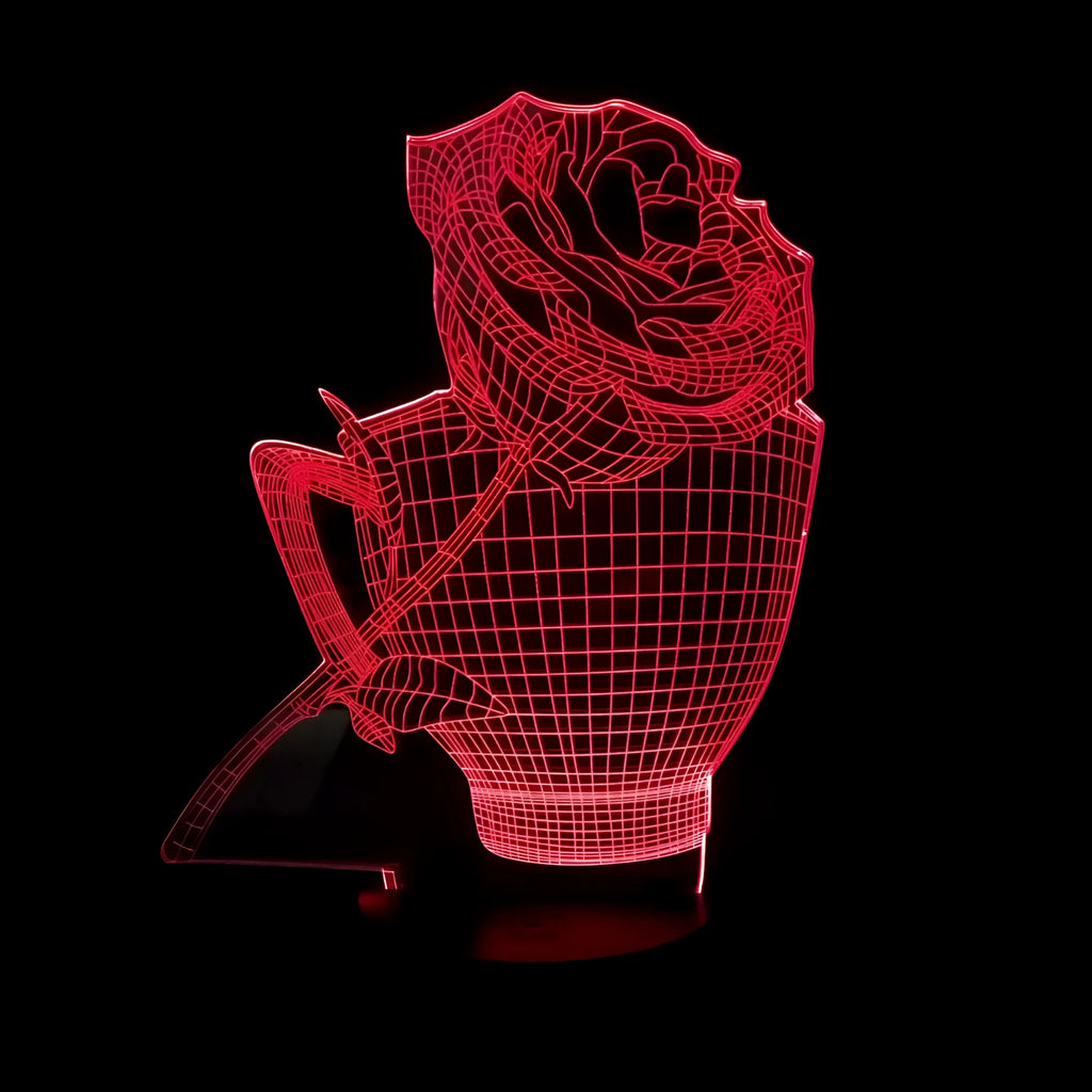 3D rose flower design night light showing colour-changing LEDs on acrylic panel with black ABS base.