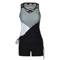 Women's black high-waist swimsuit briefs and tie-front bikini top laid flat.