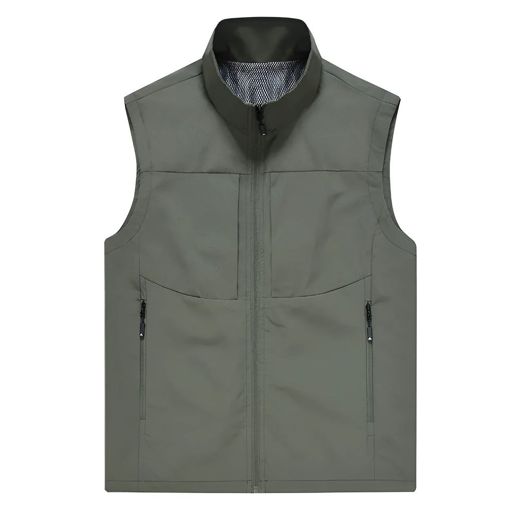 Men's loose fit stand collar cardigan vest in khaki colour with zipper pockets.