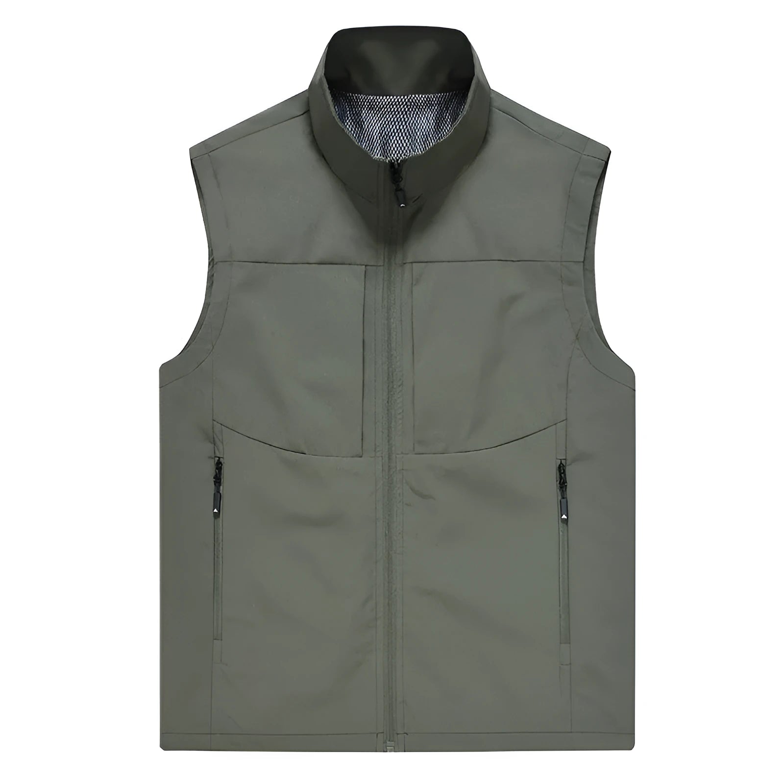 Men's loose fit stand collar cardigan vest in khaki colour with zipper pockets.