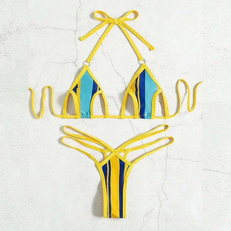Yellow women's split swimsuit with neck-hanging design, high-waisted shorts, and sleeveless backless top
