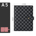 Loose-leaf notebook with checkered imitation leather cover in red, black, white or brown, available in A5, A6 and A7 sizes.