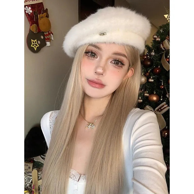 Full hair type women's long straight gray gold wig in milk tea blonde with hairnet on a mannequin