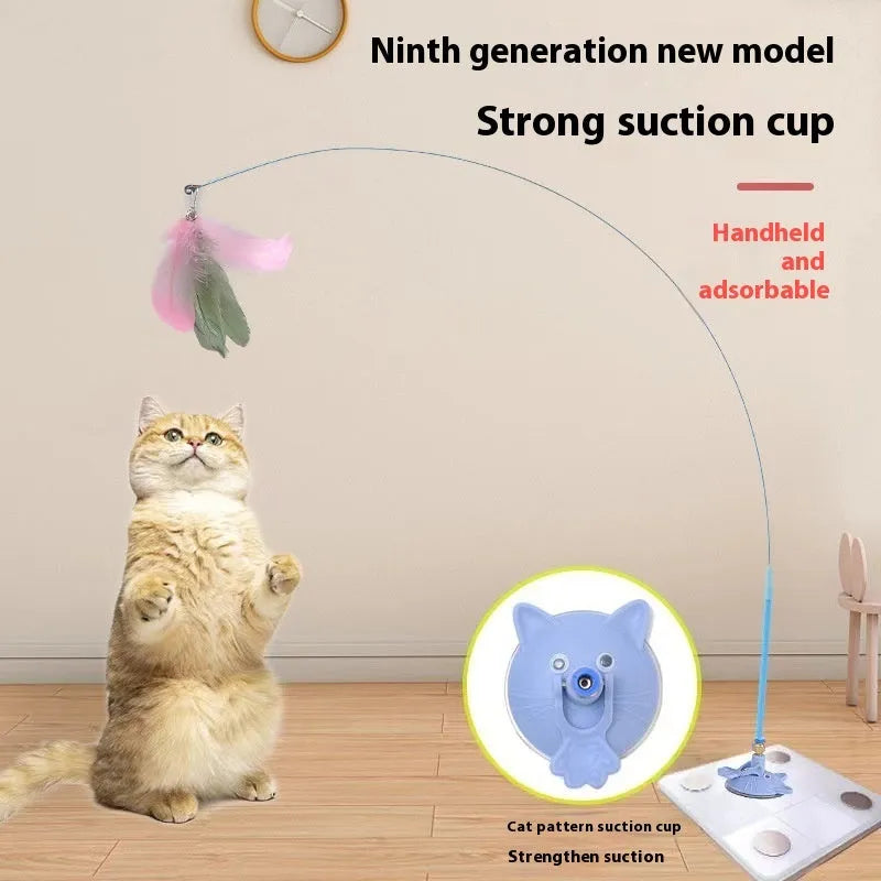 Cat teaser strong suction cup long brush holder toy with bell for indoor play with plastic construction