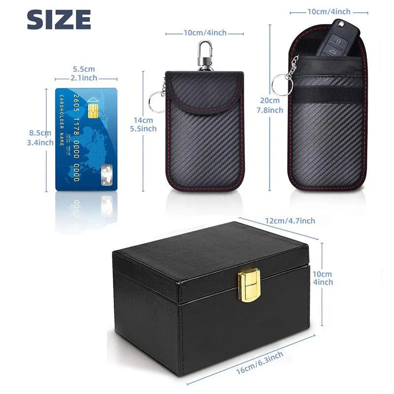 Carbon fibre pattern RFID shielding box with two matching key cases for card and key protection