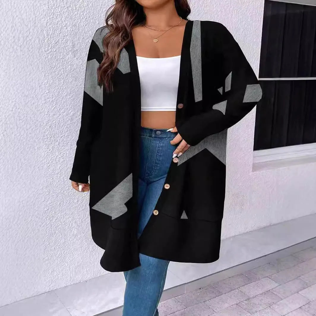 Black loose fit plus size cardigan with button front and printed stitching detail