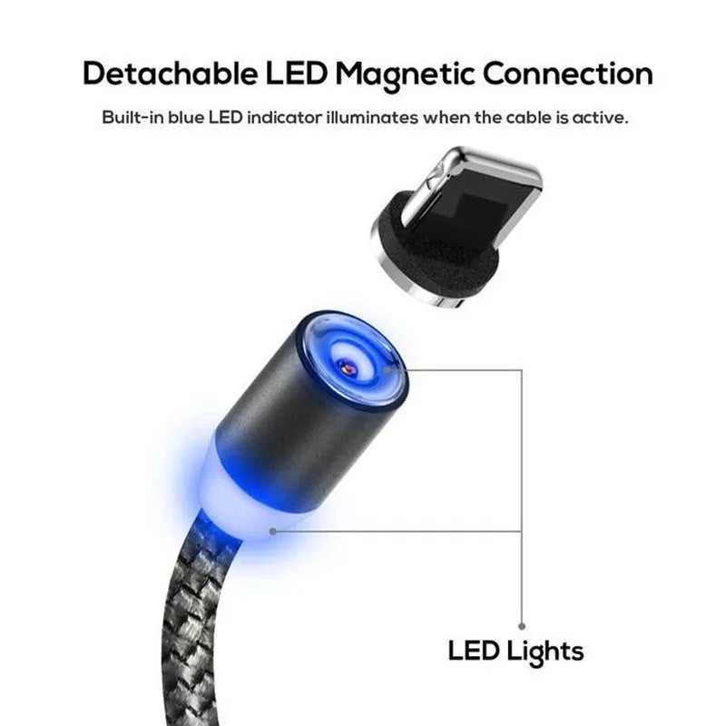 Aluminium alloy magnetic USB cable with three detachable plug heads for Apple, Android and Type-C phones.