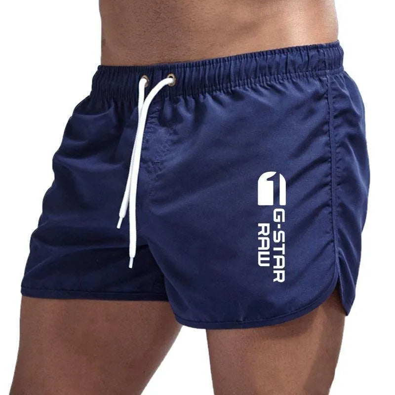 Men's sports beach shorts in 11 colour options including black, navy, and fluorescent green, polyester-hemp blend fabric