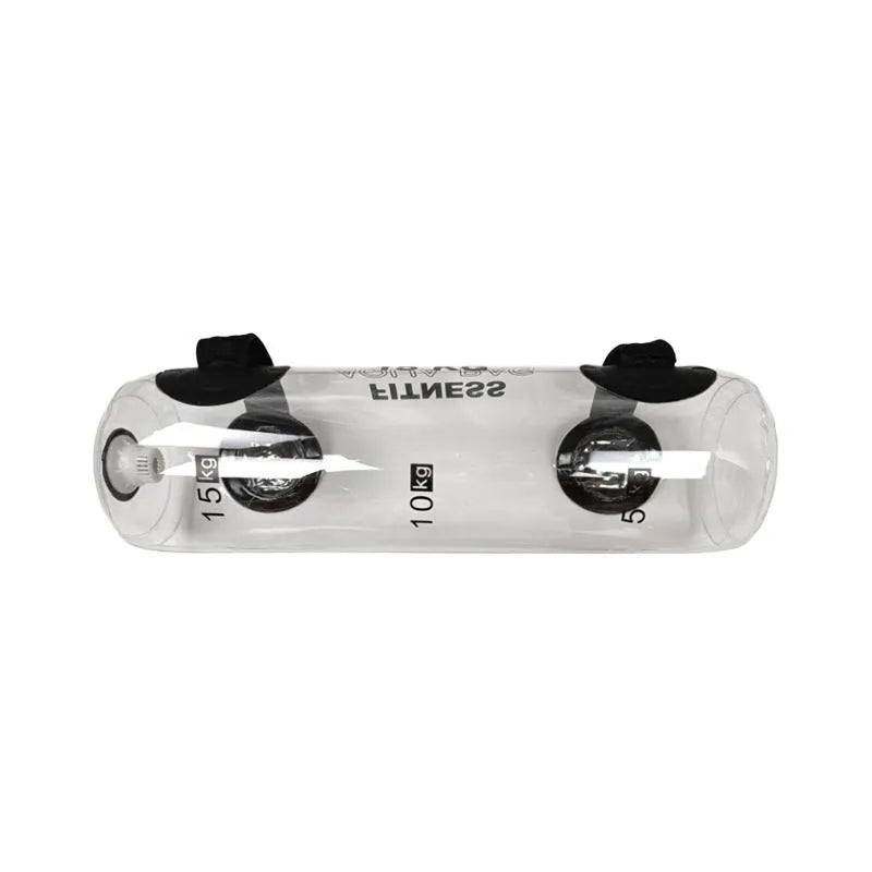 Transparent PVC inflatable water bag for weight training, showing fill valve.