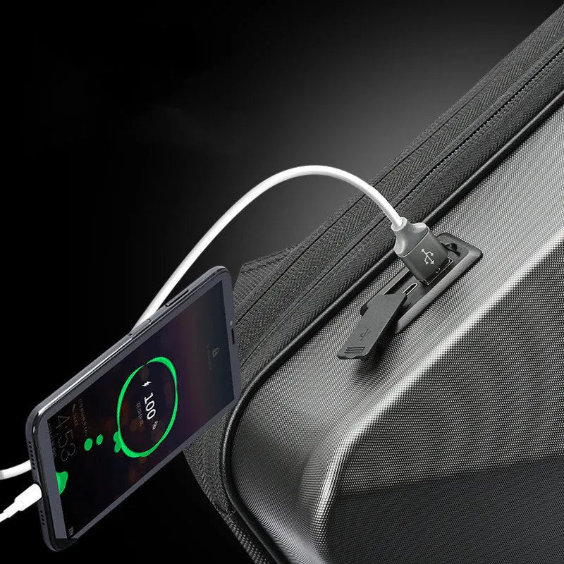 Black hard shell PC backpack with anti-theft lock, open to show laptop compartment and internal pockets.