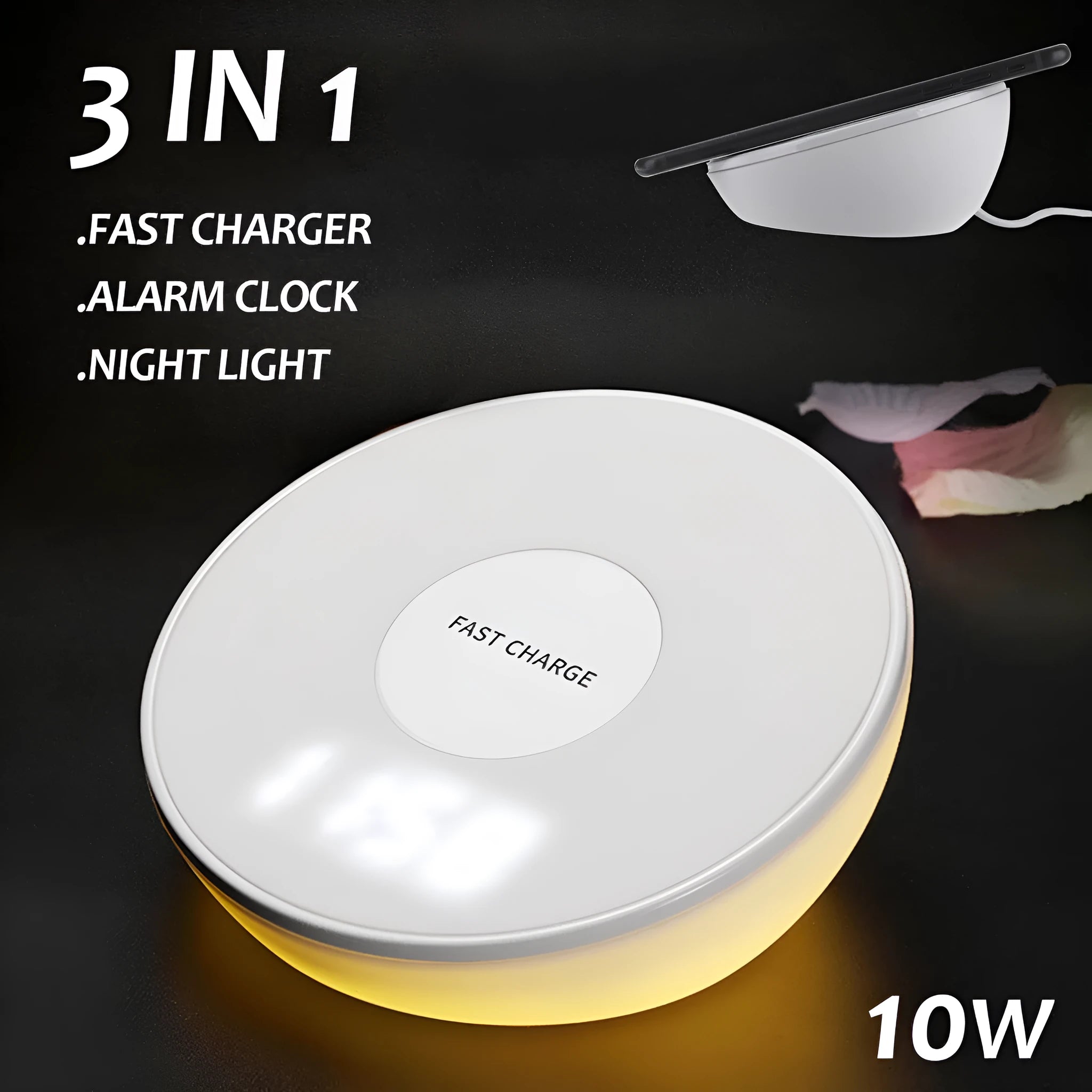 White 10W wireless phone charger with digital clock display and control buttons.