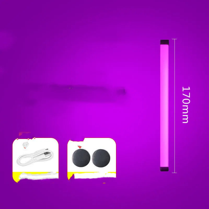 Blue and purple rechargeable LED tube stick light with dimmable settings.
