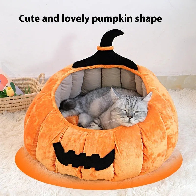 Orange and black pumpkin-shaped pet nest for cats with soft cloth fabric