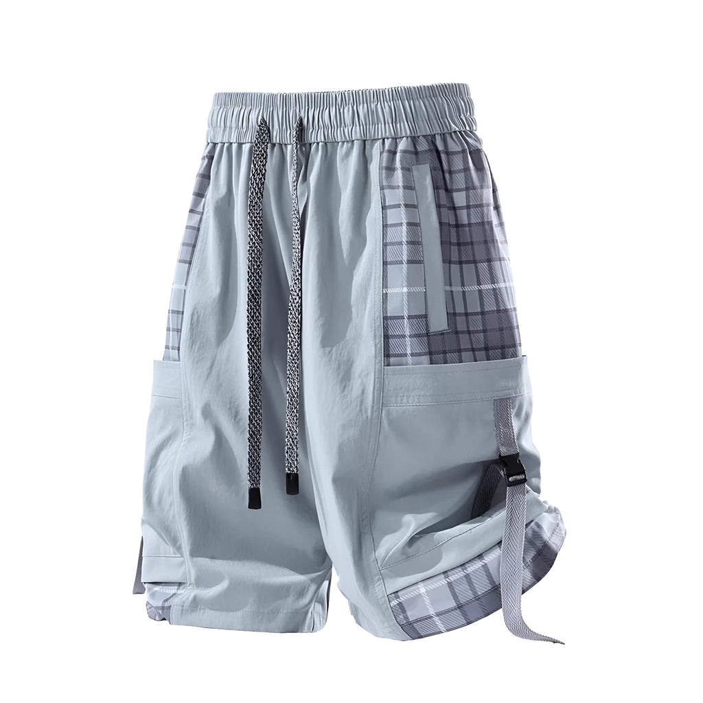 Men's casual cargo shorts with plaid stitching detail in loose fit design