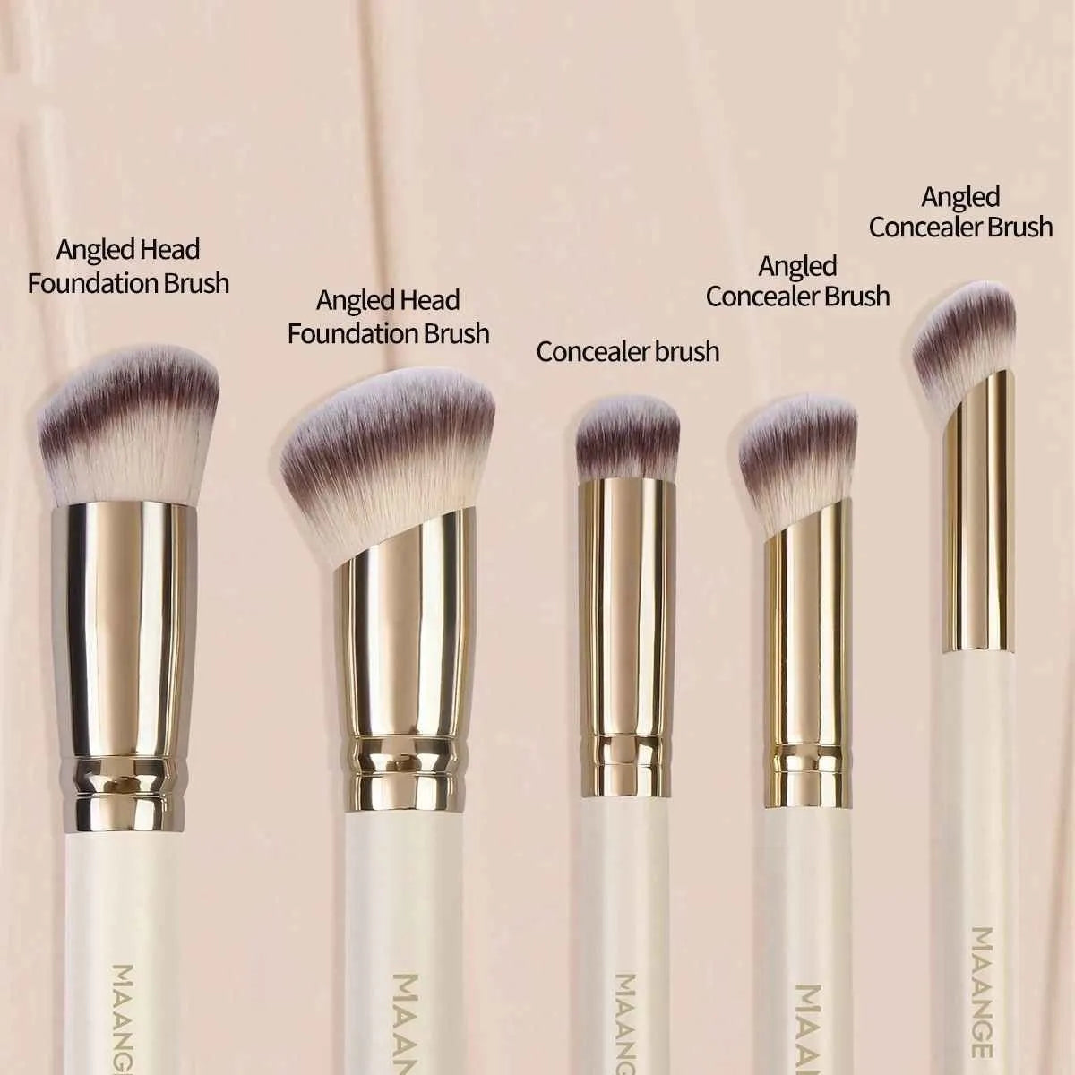 MAANGE five-piece makeup brush set with angled blush brush in apricot colour