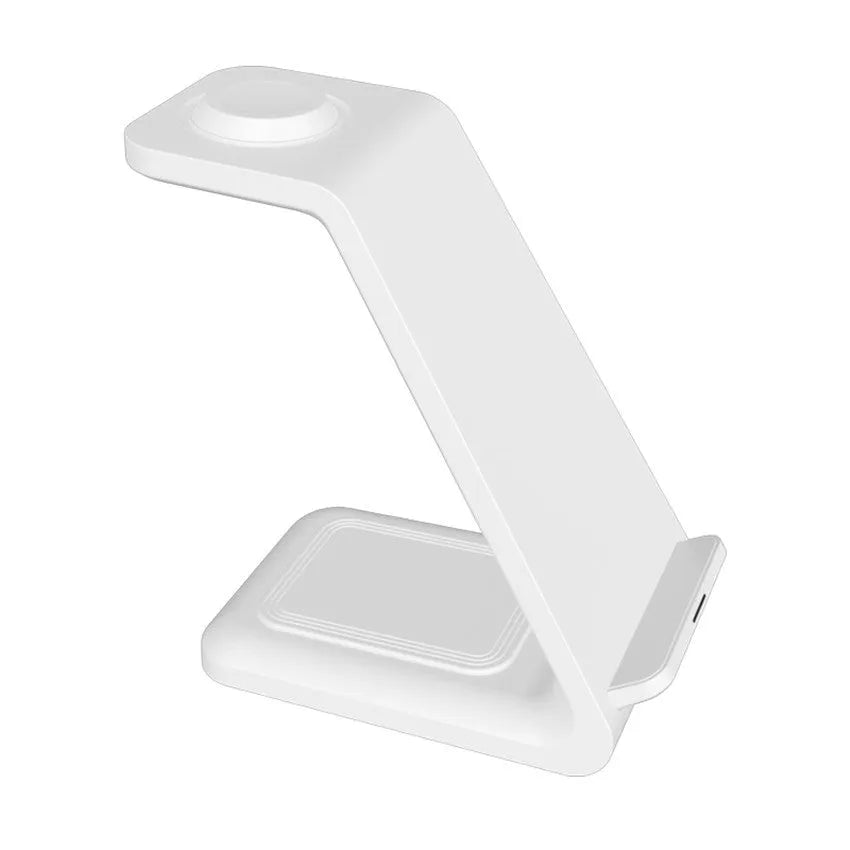 White upright dual coil wireless charger stand holding a mobile phone at an angle.