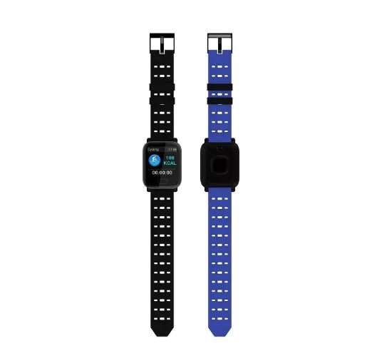 A6 smart bracelet with colour screen and blue silicone strap showing fitness stats.