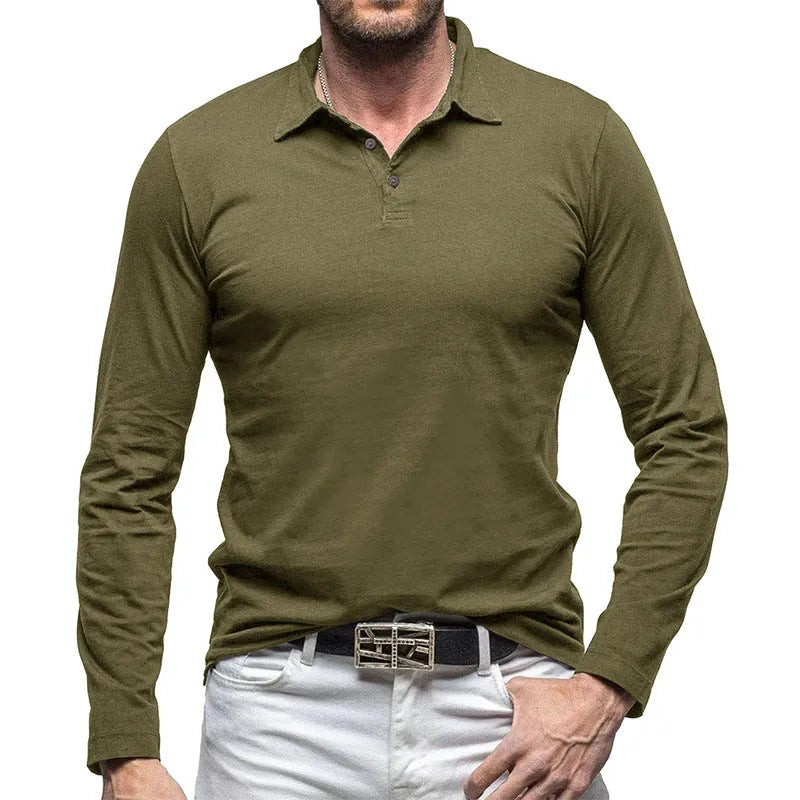 Men's dark grey cotton long sleeve T-shirt with a polo collar laid flat.