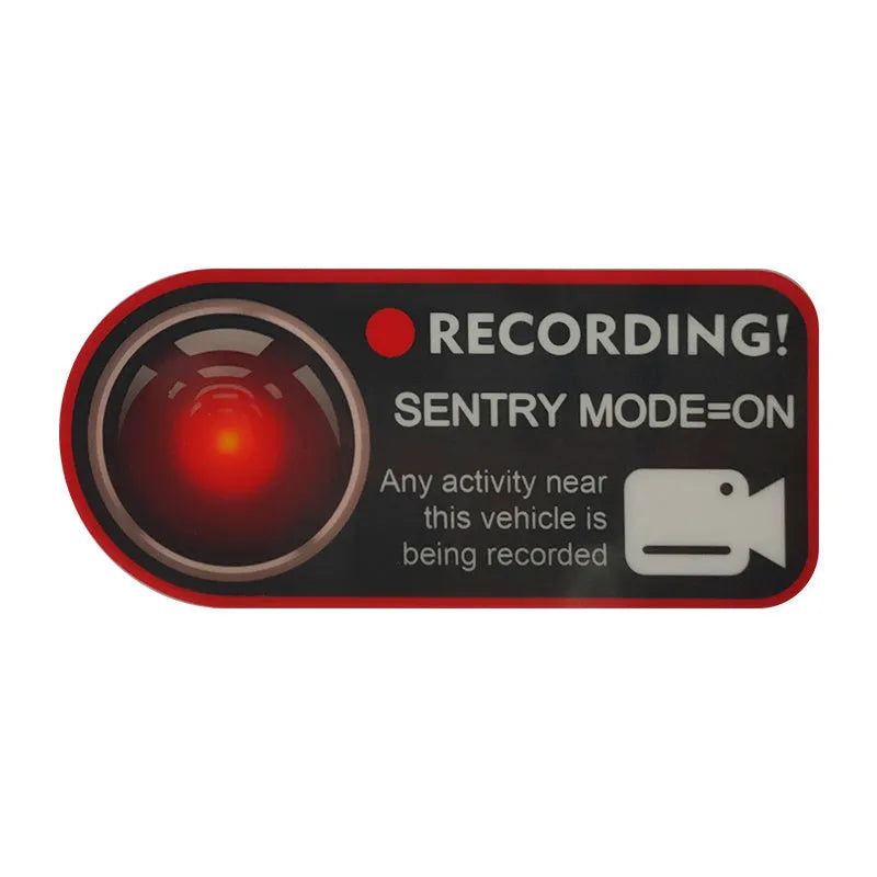 Tesla Sentry Mode warning stickers with electrostatic PVC construction measuring 11x5 cm