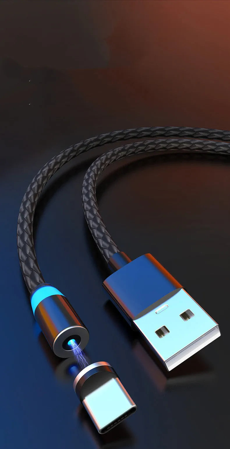 Breathing light magnetic charging cable with LED indicator and interchangeable Lightning, USB-C, and Micro USB tips.
