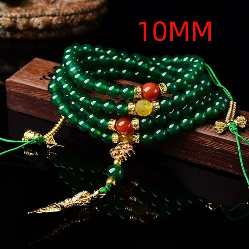 Handmade multi-circle bracelet with natural green agate beads from Brazil.
