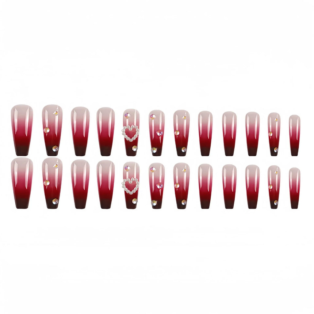 Wine red gradient fake nail tips with pearl heart plaid pattern in ballet style length
