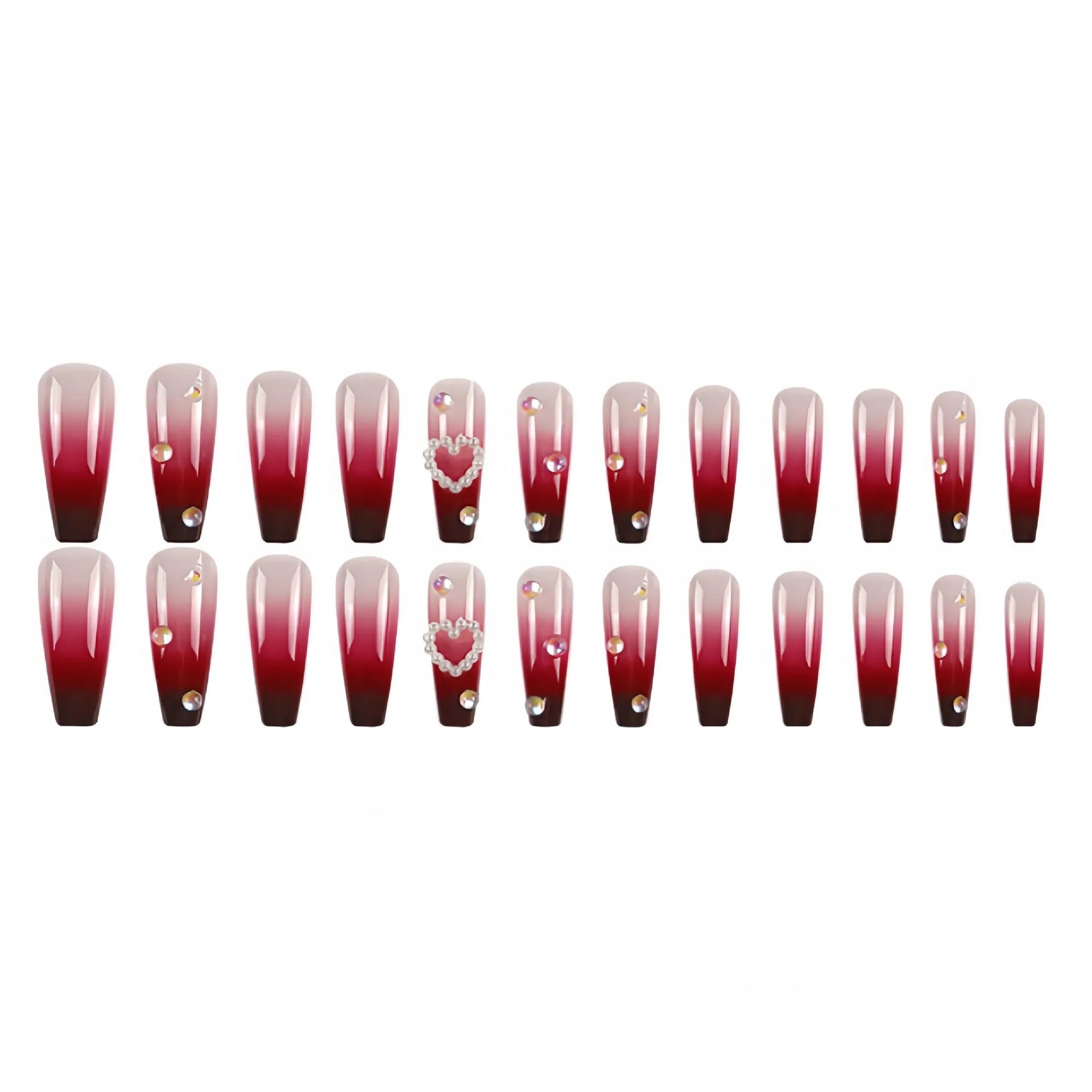 Wine red gradient fake nail tips with pearl heart plaid pattern in ballet style length