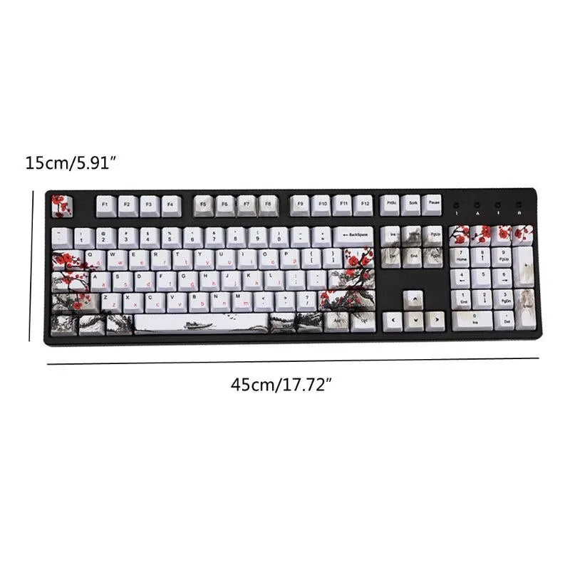 PBT Wangjiang plum blossom themed 109-key keycap set for mechanical keyboards, showing Korean and Japanese legends.