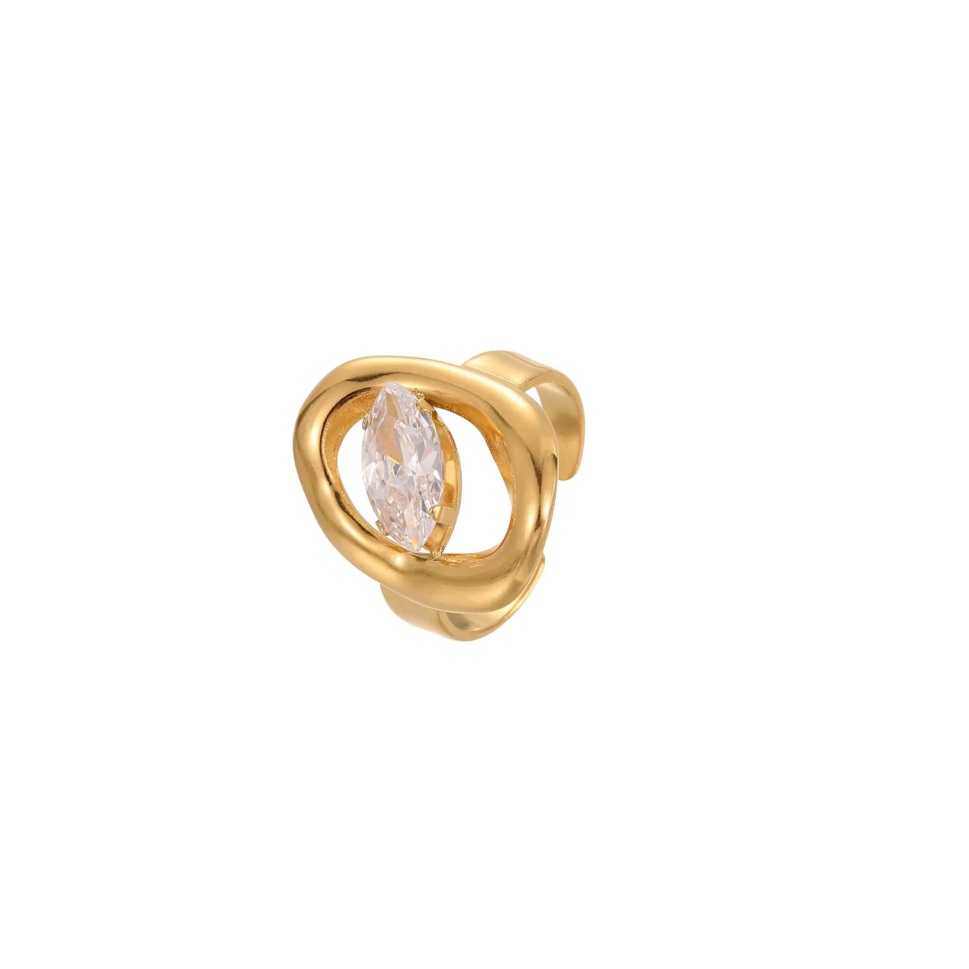 Geometric stainless steel open-mouth zircon ring for women in a silver tone.