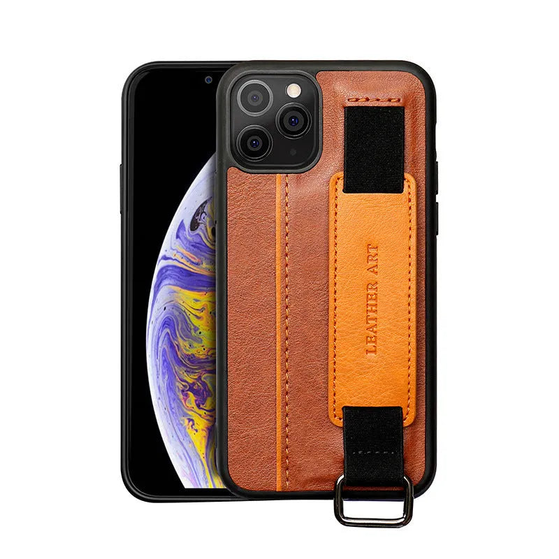 Imitation leather wristband phone case for iPhone with stretchable strap in brown colour