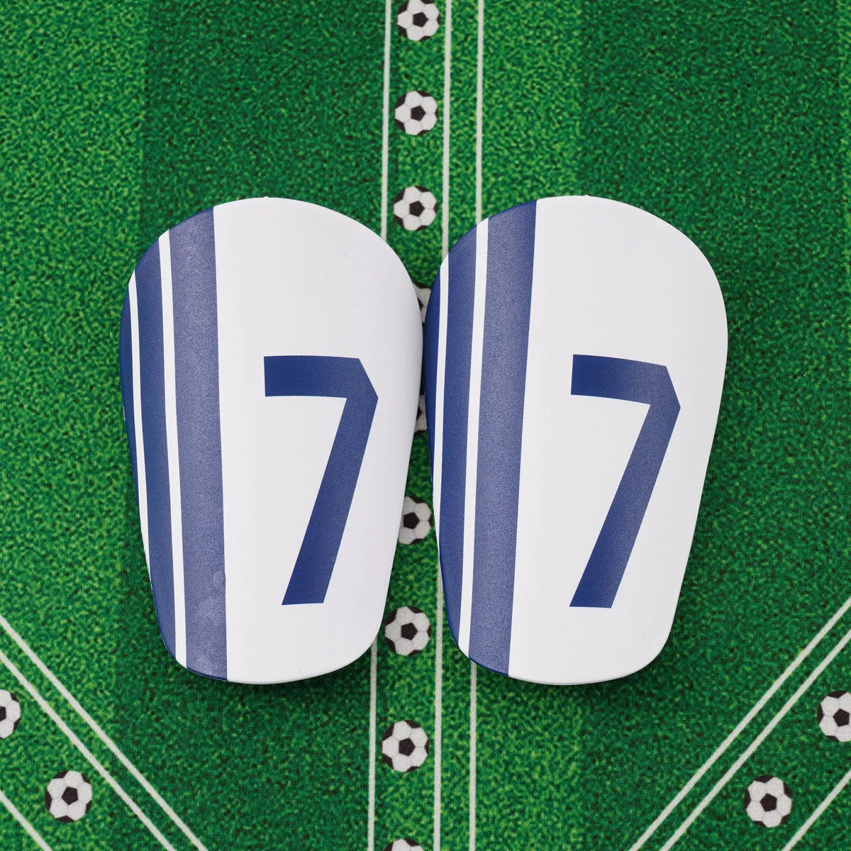 Blue and white No. 7 thickened PU football shin guards in XS, S and M sizes, one pair