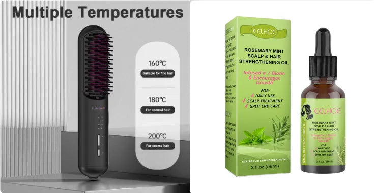 Rosemary mint hair growth fluid 59ml set in a clear bottle with a black cap, shown alongside a pipette