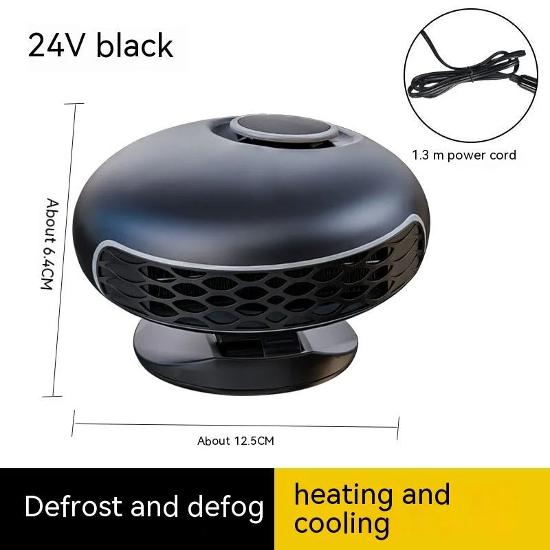 Black portable car heater with long power cable for 12v and 24v defrosting and demisting.